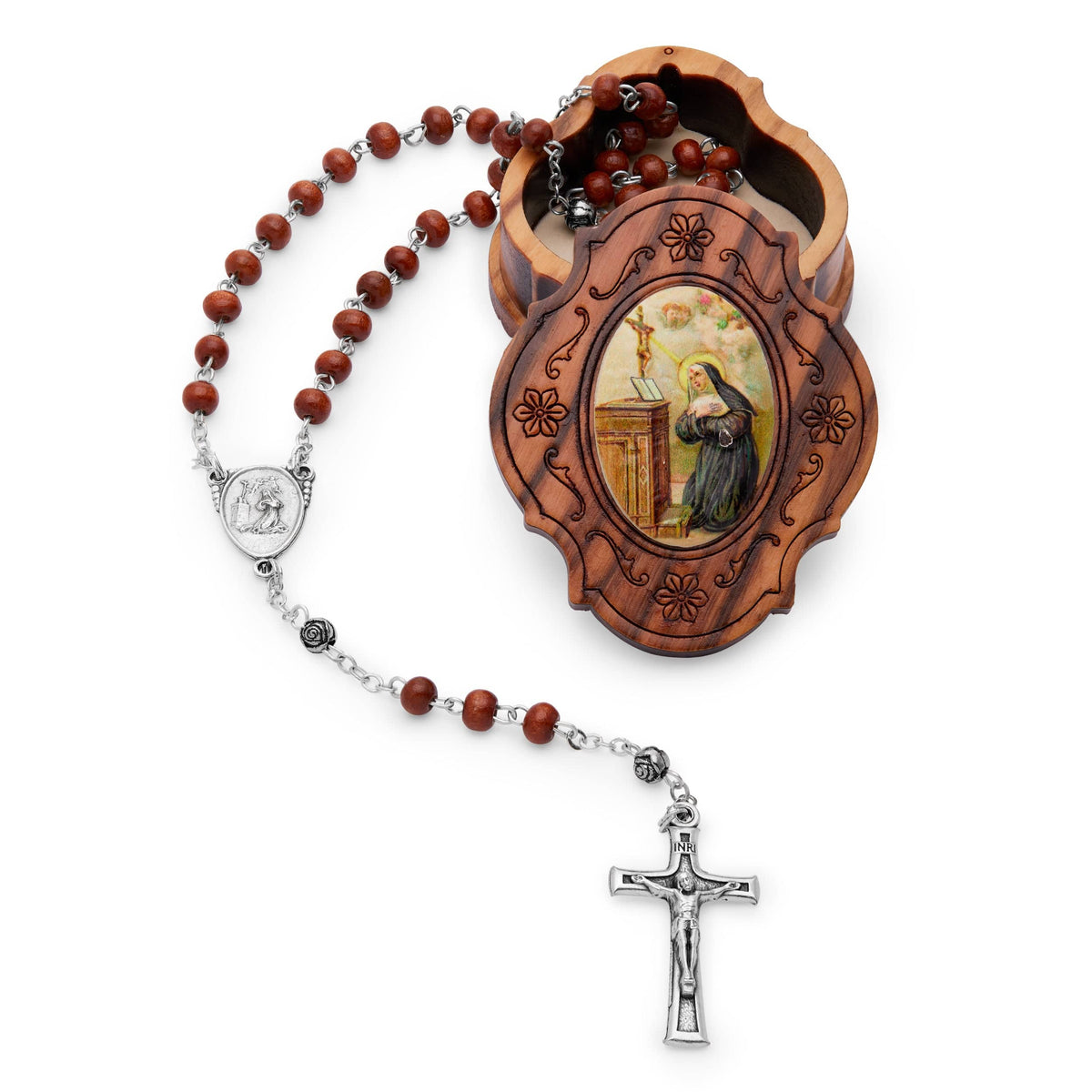 Olive Wood St. Rita Rosary Case With Wood Rosary