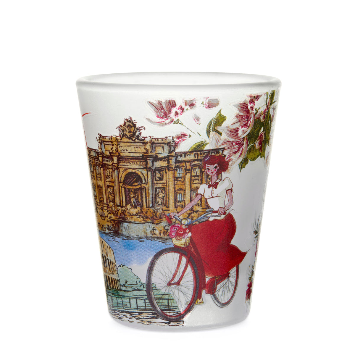 Satin Souvenir Shot Glass with Rome's Monuments and Flowers