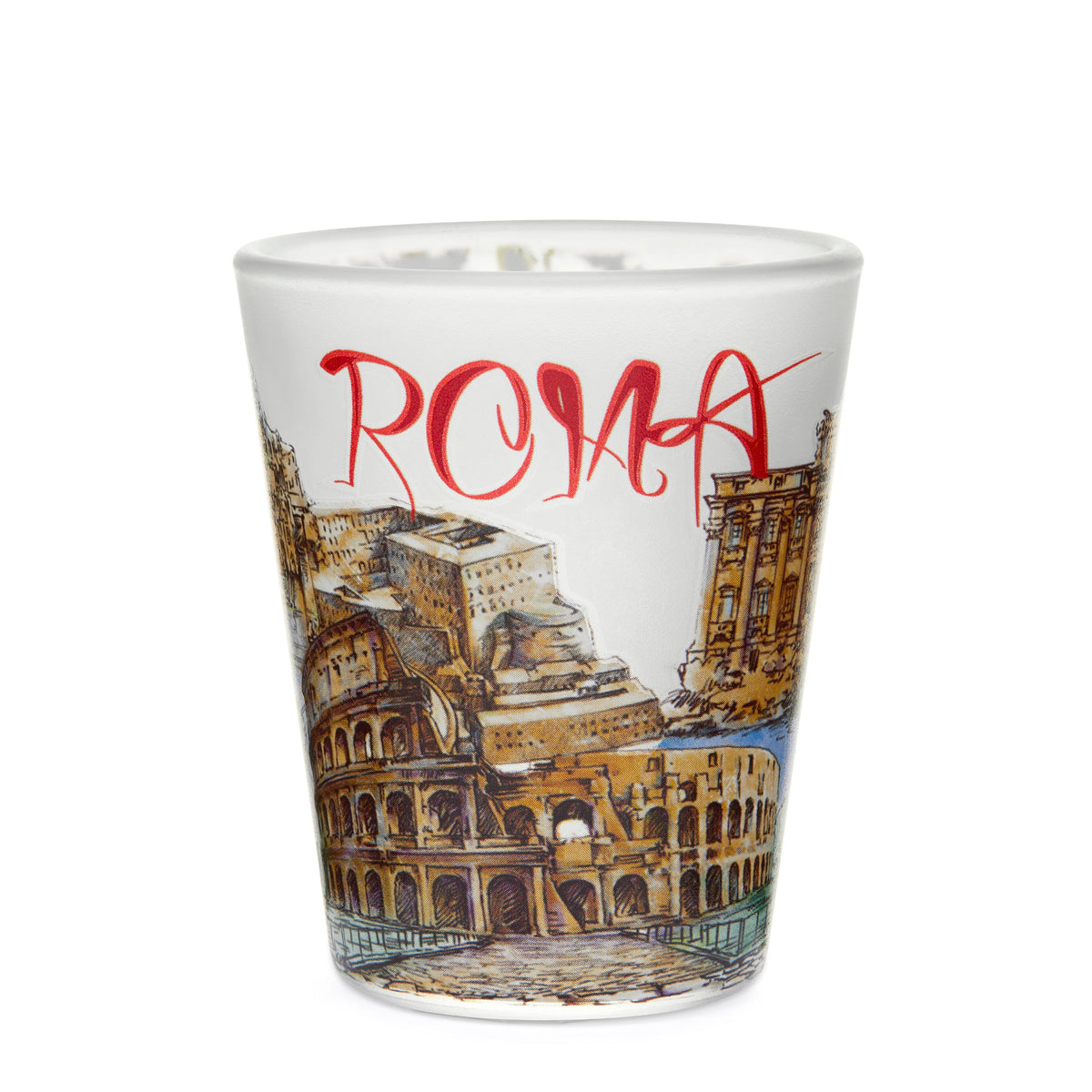 Satin Souvenir Shot Glass with Rome's Monuments and Flowers