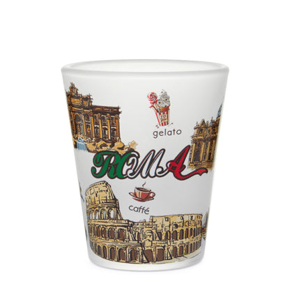 Satin Souvenir Shot Glass with Rome's Monuments and Traditional Foods
