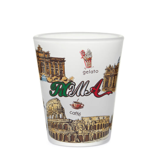 Satin Souvenir Shot Glass with Rome's Monuments and Traditional Foods
