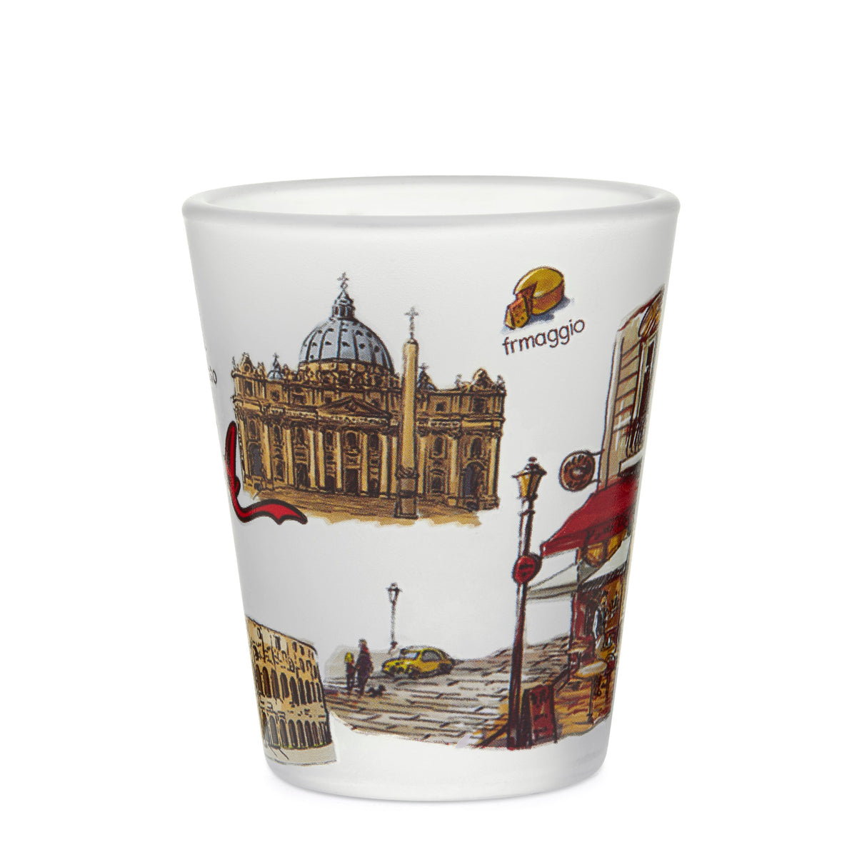Satin Souvenir Shot Glass with Rome's Monuments and Traditional Foods