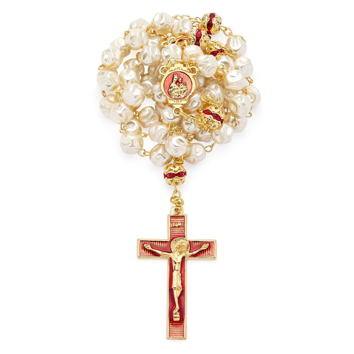 Scapular Rosary with Synthetic Pearl Beads and Red Details