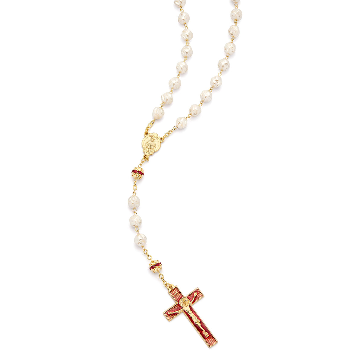Scapular Rosary with Synthetic Pearl Beads and Red Details