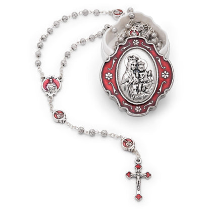 Red Enameled Scapular Rosary Case With Rose-shaped Beads Rosary