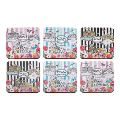 Set of Coasters with Rome's Monuments and Flowers