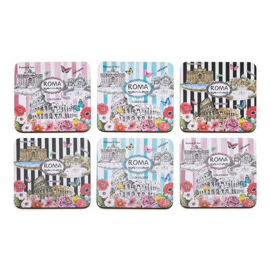 Set of Coasters with Rome's Monuments and Flowers