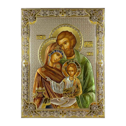 Wooden Icon with Colorful Silver Plaque of the Holy Family