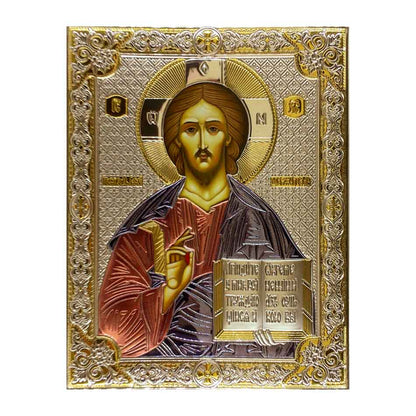 Wooden Icon with Colorful Silver Plaque of Jesus Christ