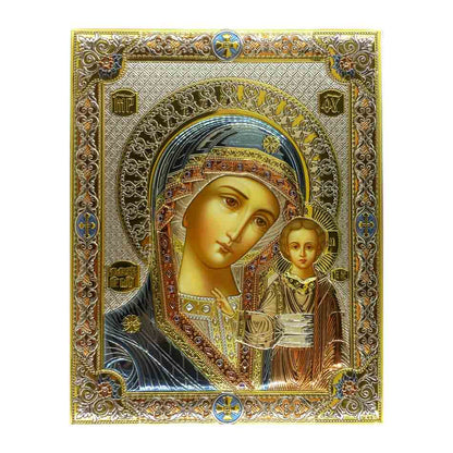 Wooden Icon with Colorful Silver Plaque of Our Lady of Kazan