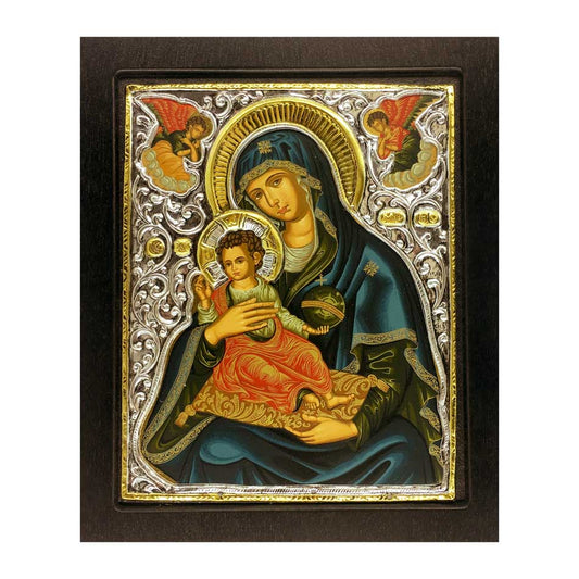 Wooden Icon with Silver Plaque and Wooden Frame of Virgin Mary with Blue Mantle