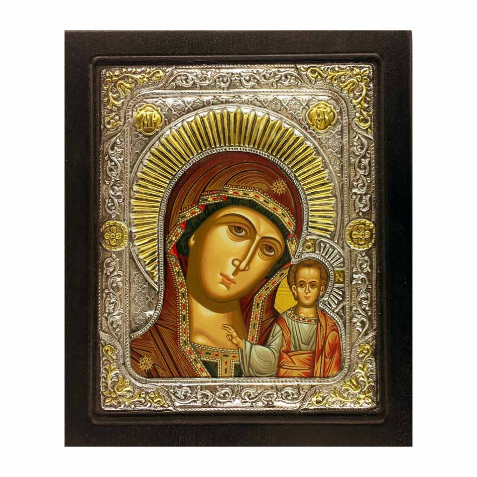 Wooden Icon with Silver Plaque and Wooden Frame of Our Lady of Kazan
