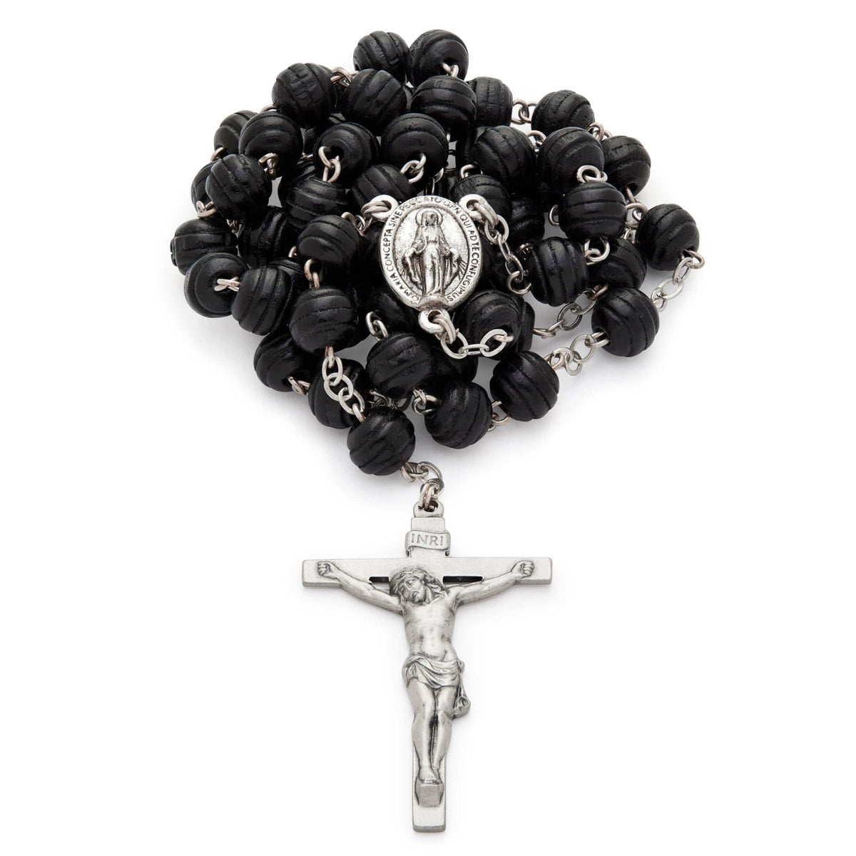 Silver rosary in black wood
