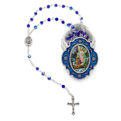 Small Blue Enameled Guardian Angel Rosary Case With Blue Crystal Rosary