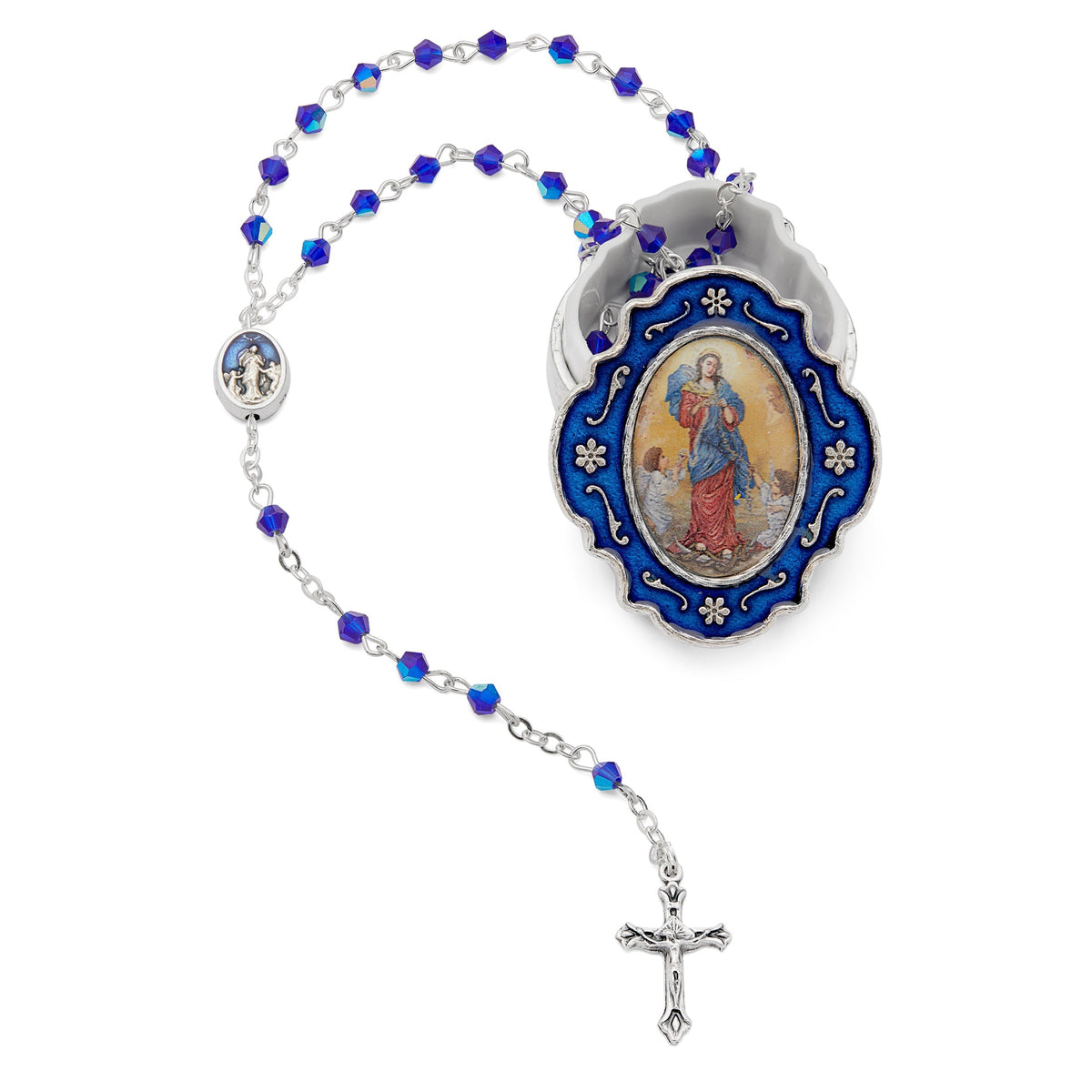 Small Blue Enameled Mary Untier of Knots Rosary Case With Blue Crystal Rosary