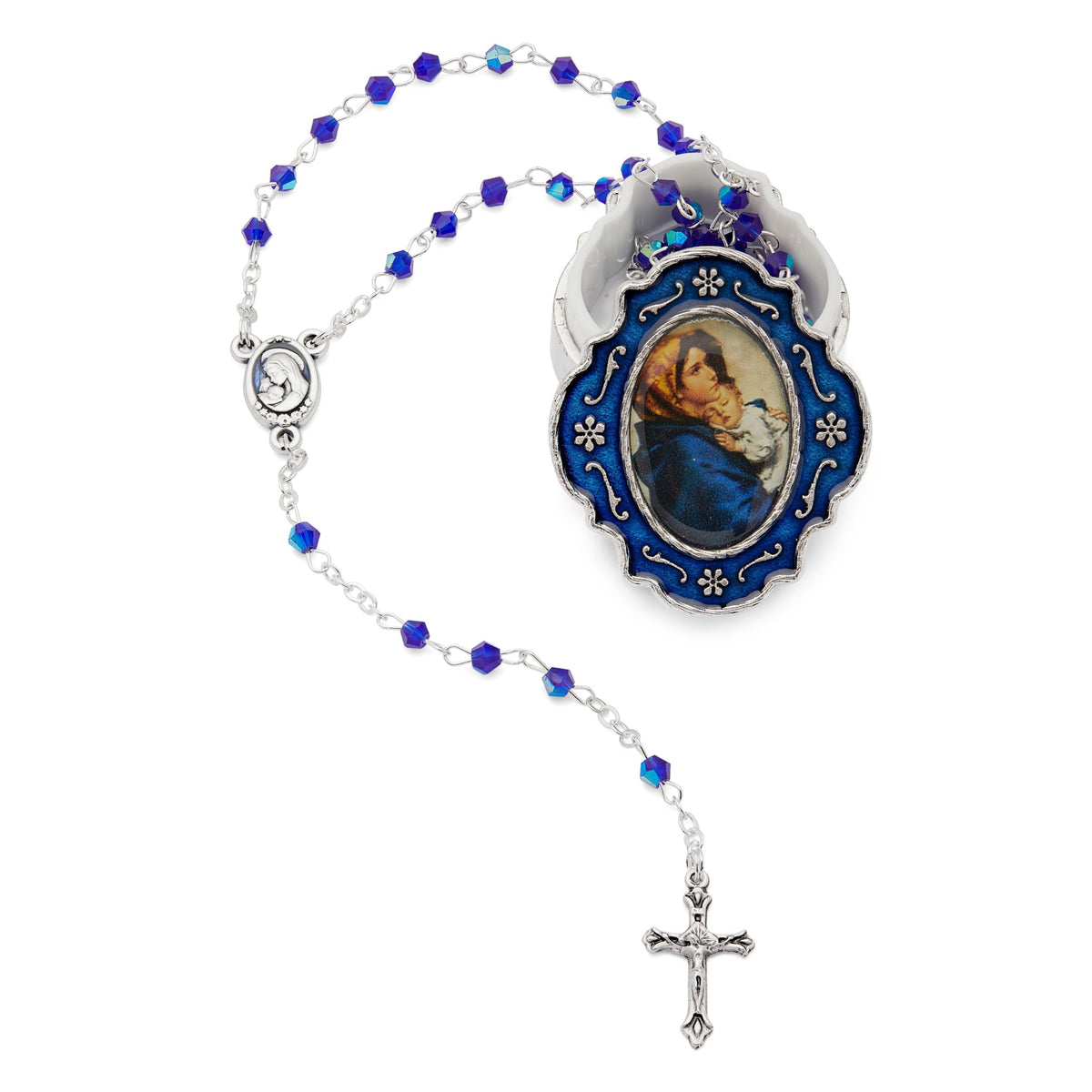 Small Blue Enameled Madonnina of Ferruzzi Rosary Case With Blue Crystal Rosary