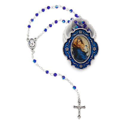 Small Blue Enameled Madonnina of Ferruzzi Rosary Case With Blue Crystal Rosary