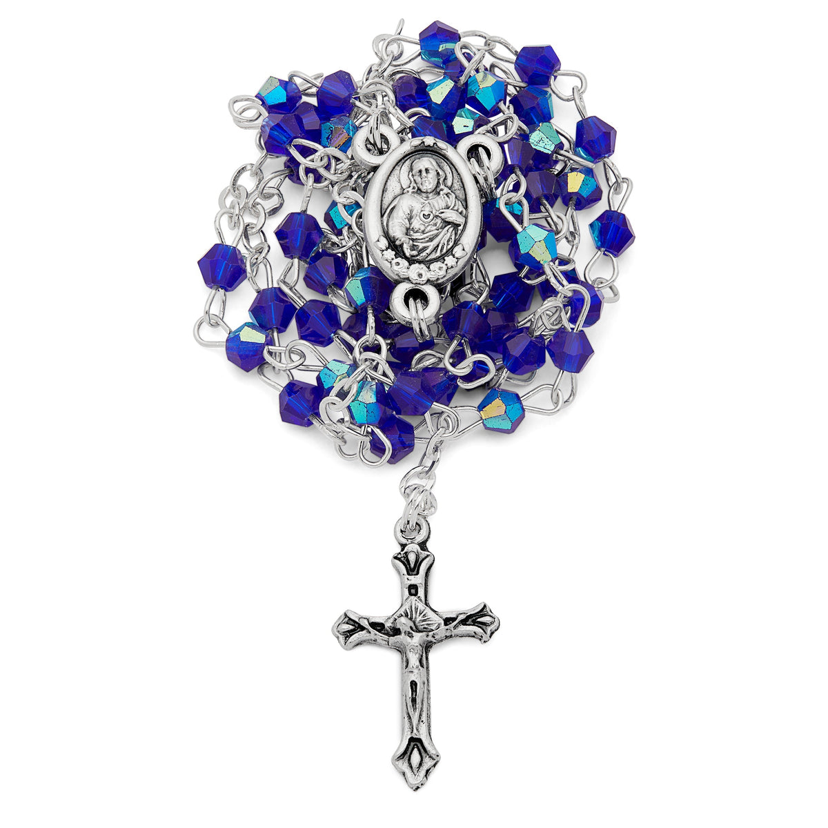 Small Blue Enameled Madonnina of Ferruzzi Rosary Case With Blue Crystal Rosary