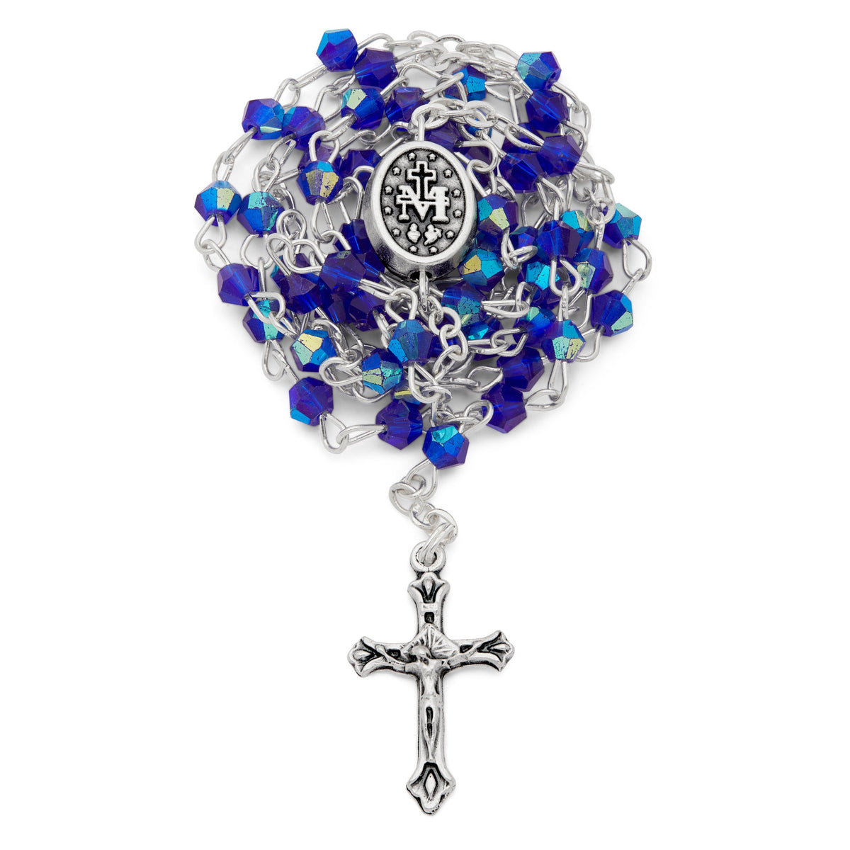 Small Blue Enameled Our Lady of the Miraculous Medal Rosary Case With Blue Crystal Rosary