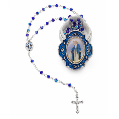 Small Blue Enameled Our Lady of the Miraculous Medal Rosary Case With Blue Crystal Rosary