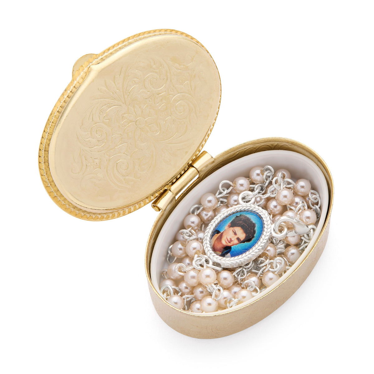 Small Oval Box in Gold-tone Metal Featuring Saint Carlo Acutis with Metal Rosary