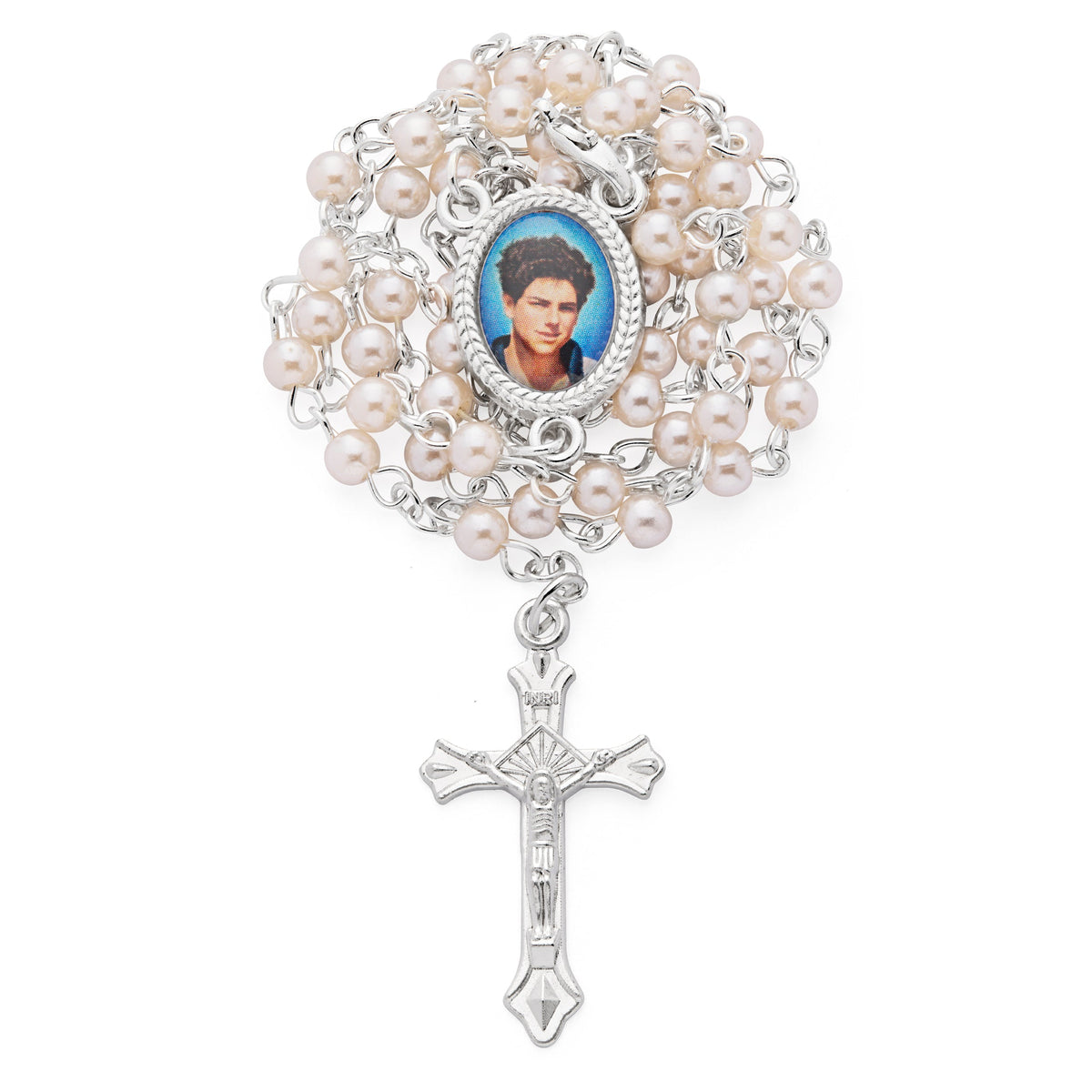Small Oval Box in Gold-tone Metal Featuring Saint Carlo Acutis with Metal Rosary