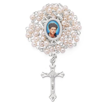 Small Oval Box in Gold-tone Metal Featuring Saint Carlo Acutis with Metal Rosary