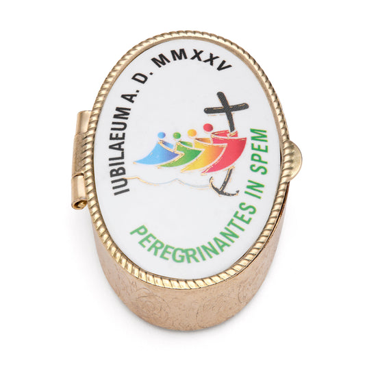 Small Oval Pill Box in Gold-tone Metal with Jubilee 2025 Logo