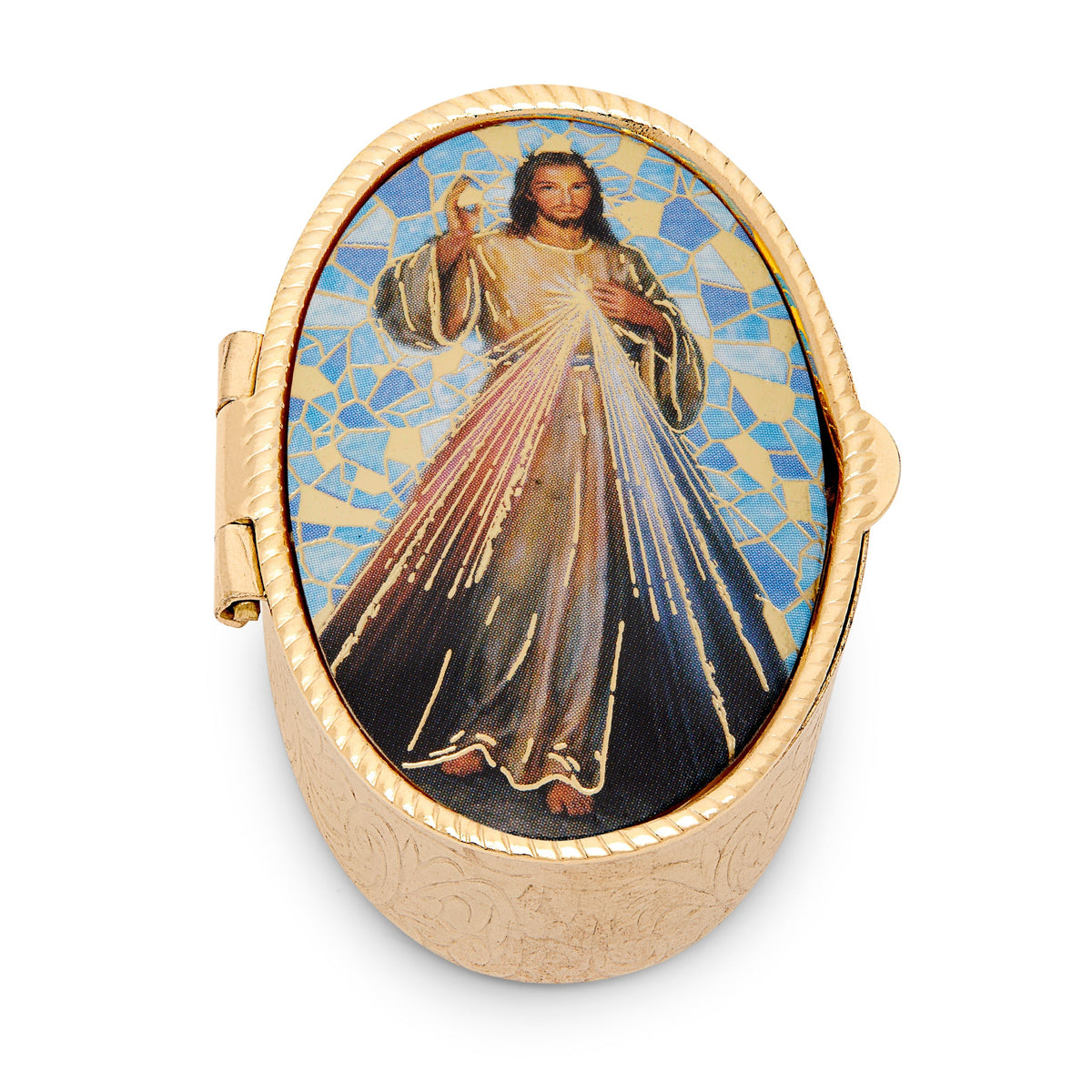 Small Oval Pill Box in Gold-tone Metal of Merciful Jesus