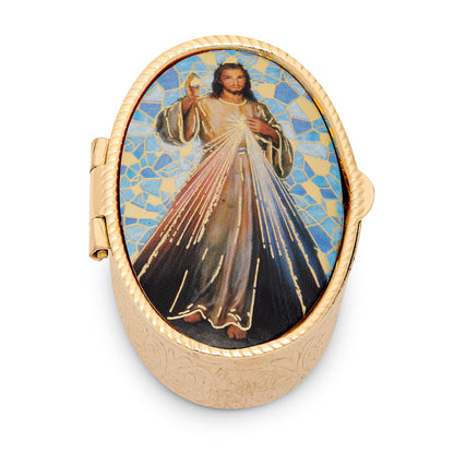 Small Oval Pill Box in Gold-tone Metal of Merciful Jesus