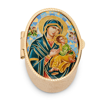 Small Oval Pill Box in Gold-tone Metal of Our Lady of Perpetual Help