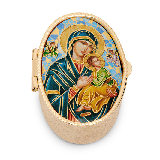 Small Oval Pill Box in Gold-tone Metal of Our Lady of Perpetual Help