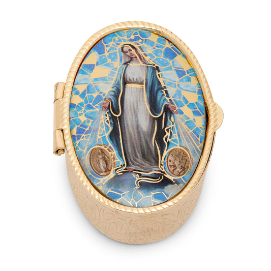 Small Oval Pill Box in Gold-tone Metal of Our Lady of the Miraculous Medal
