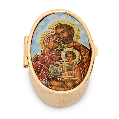 Small Oval Pill Box in Gold-tone Metal of the Holy Family