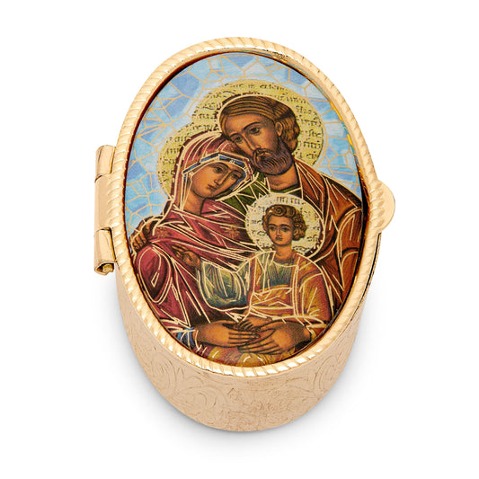 Small Oval Pill Box in Gold-tone Metal of the Holy Family