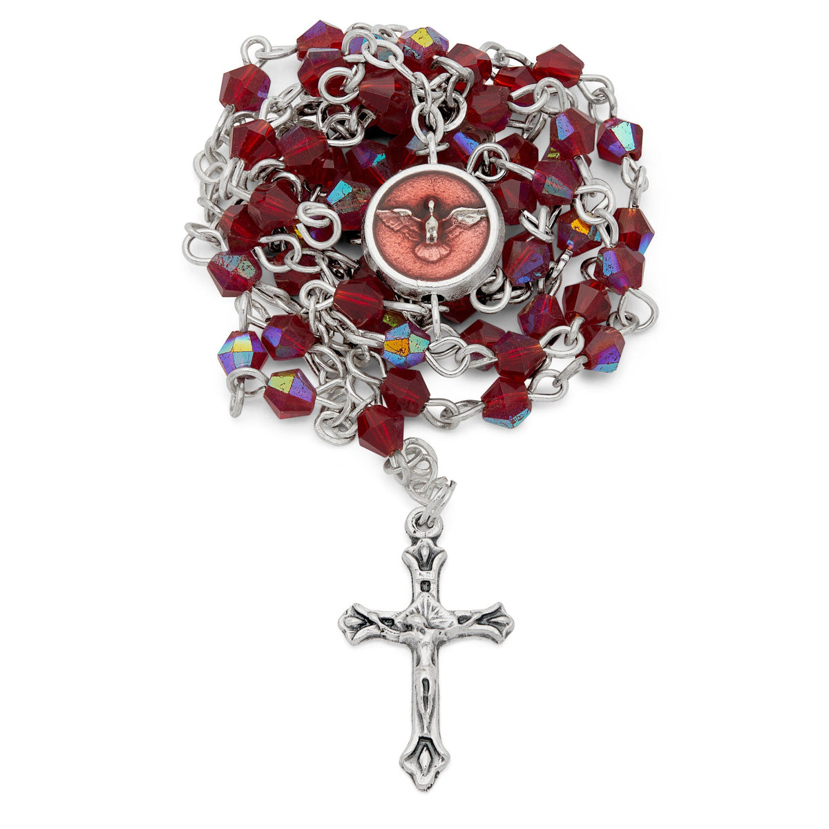 Small Red Enameled Holy Spirit Rosary Case With Red Crystal Rosary