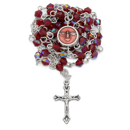 Small Red Enameled Holy Spirit Rosary Case With Red Crystal Rosary