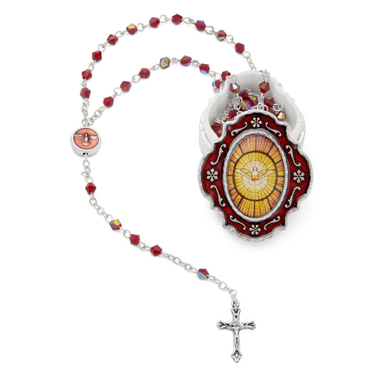 Small Red Enameled Holy Spirit Rosary Case With Red Crystal Rosary