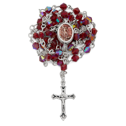 Small Red Enameled St. Michael Rosary Case With Red Crystal Rosary