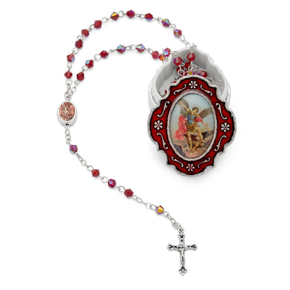 Small Red Enameled St. Michael Rosary Case With Red Crystal Rosary