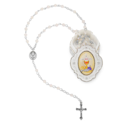 Small White Enameled First Communion Rosary Case With White Crystal Rosary