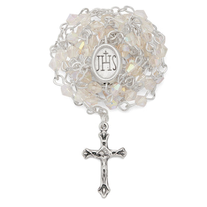 Small White Enameled First Communion Rosary Case With White Crystal Rosary