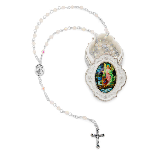 Small White Enameled Guardian Angel Rosary Case With White Crystal Rosary
