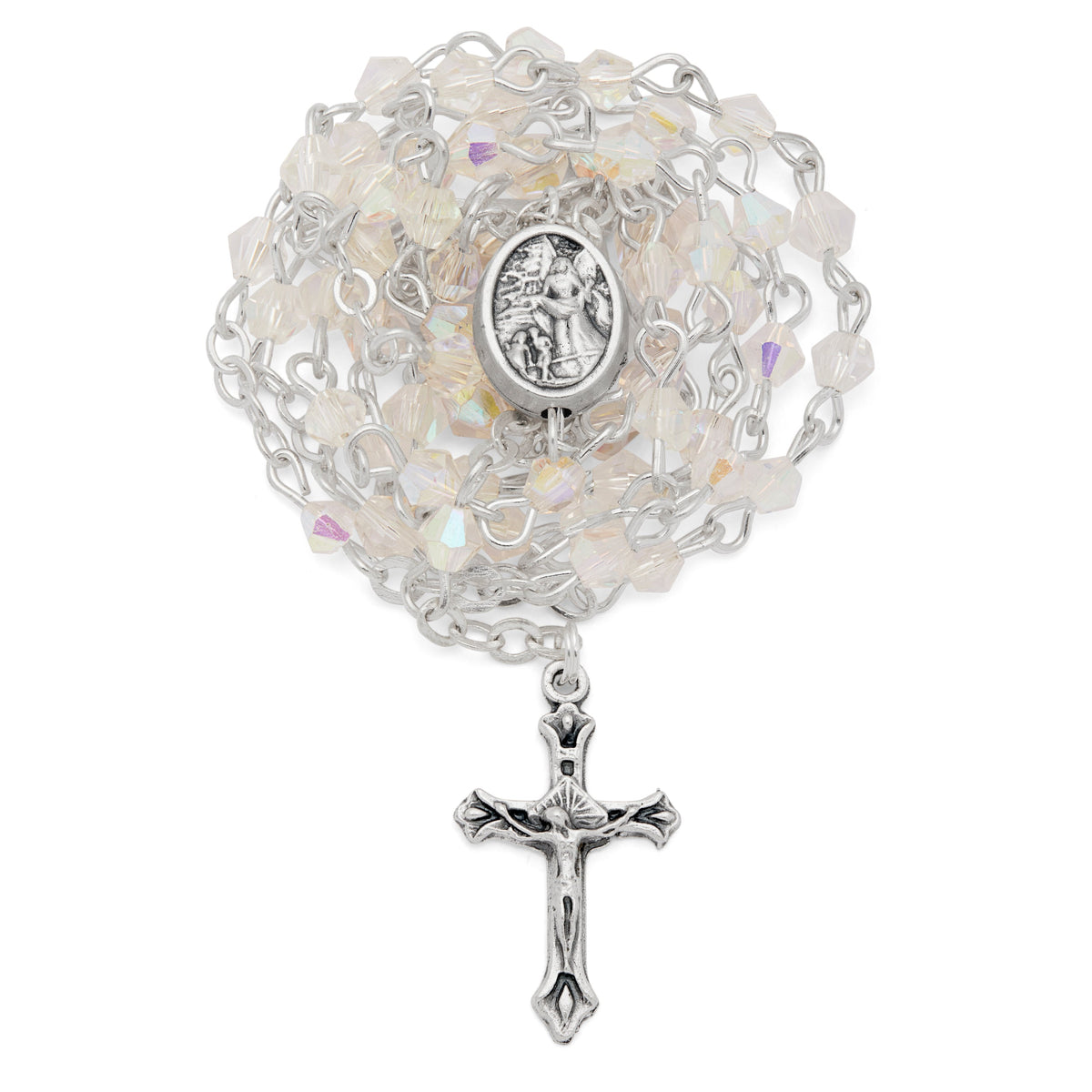 Small White Enameled Guardian Angel Rosary Case With White Crystal Rosary