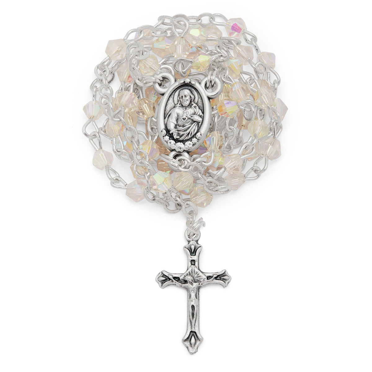 Small White Enameled Madonnina of Ferruzzi Rosary Case With White Crystal Rosary