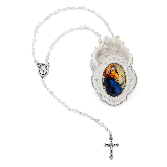 Small White Enameled Madonnina of Ferruzzi Rosary Case With White Crystal Rosary