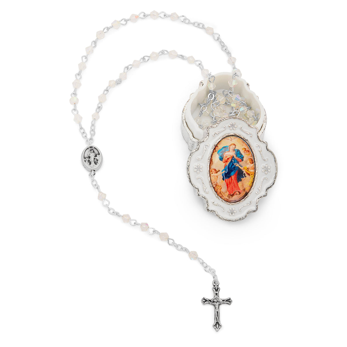 Small White Enameled Mary Untier of Knots Rosary Case With White Crystal Rosary