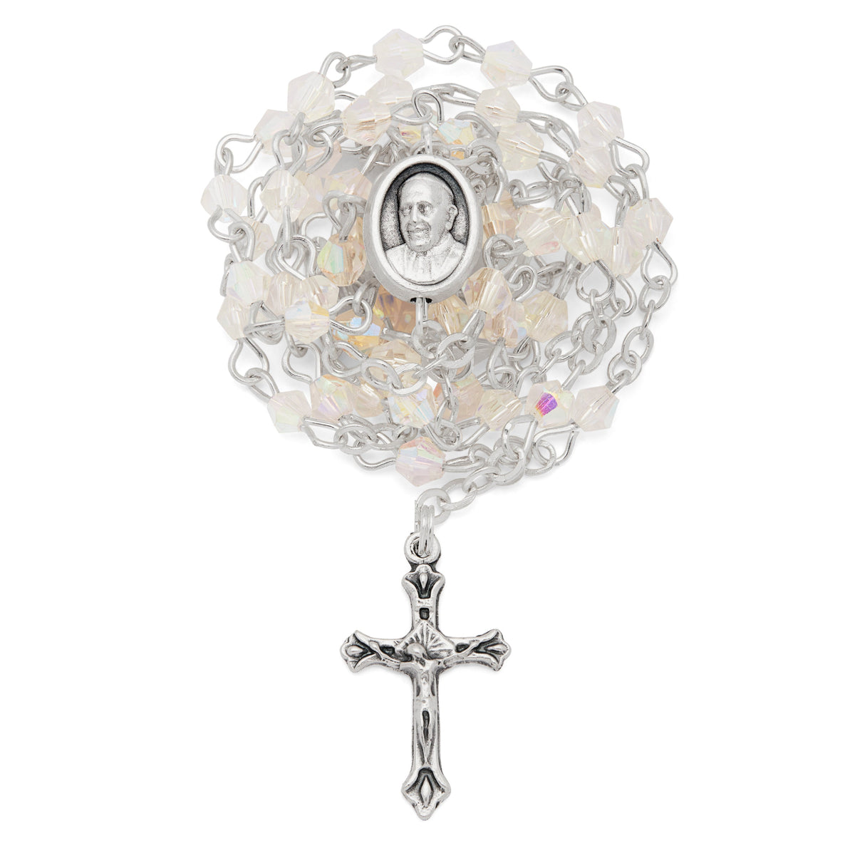Small White Enameled Mary Untier of Knots Rosary Case With White Crystal Rosary