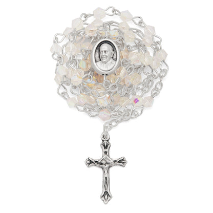 Small White Enameled Mary Untier of Knots Rosary Case With White Crystal Rosary