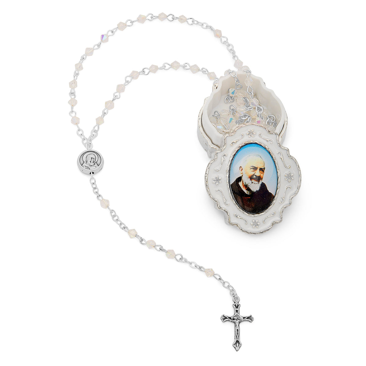 Small White Enameled Padre Pio Rosary Case With White Crystal Rosary
